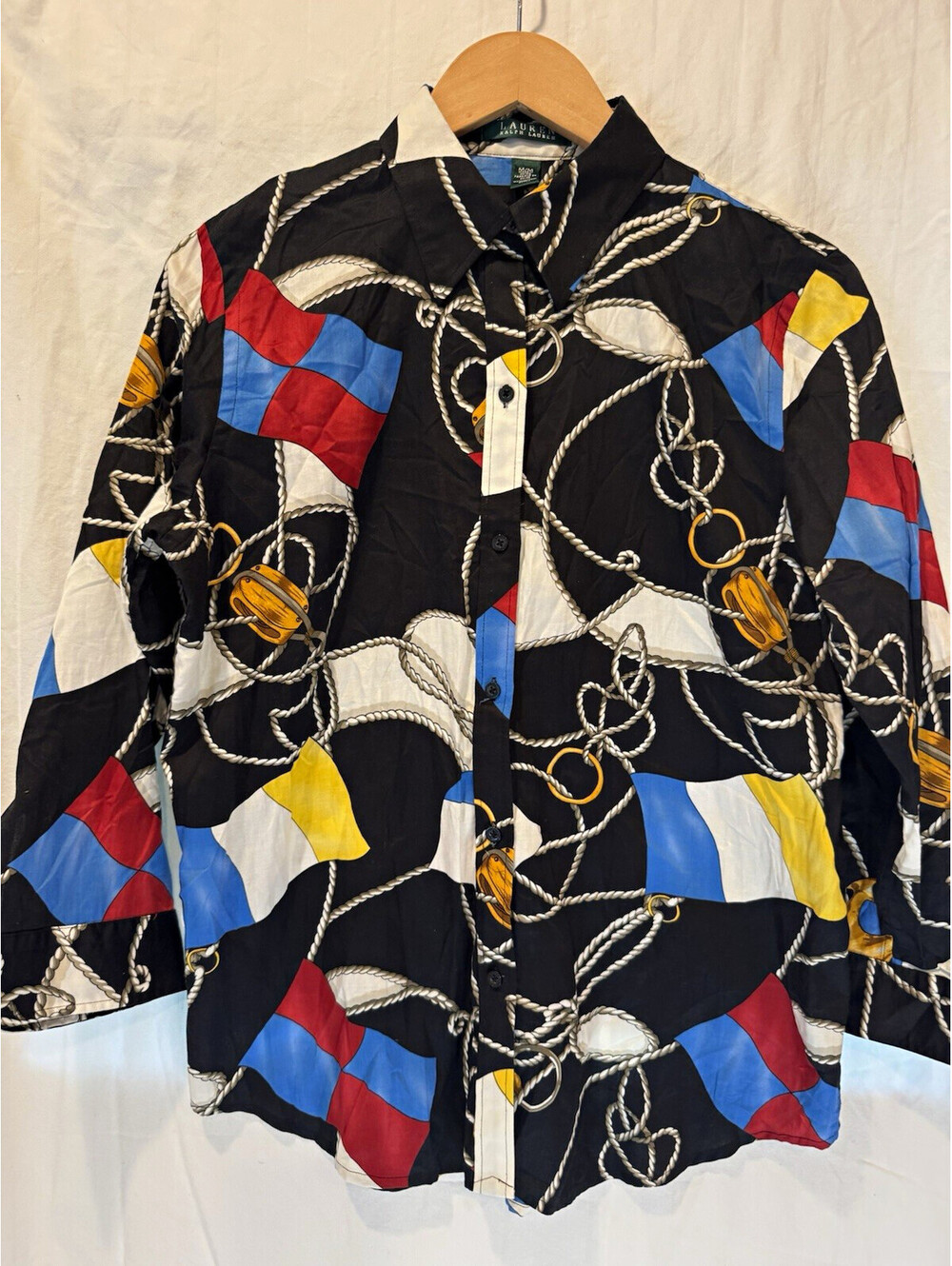 RARE Lauren Ralph Lauren Nautical Print Button-Up Collared Woven Cotton Blouse M